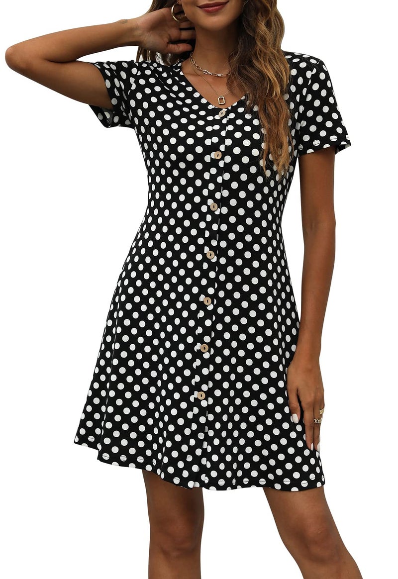 Manydress Women's Summer Casual T Shirt Short Sleeve Button Down Swing Dress with Pockets MY035 (Black Dot, M) - Image 1
